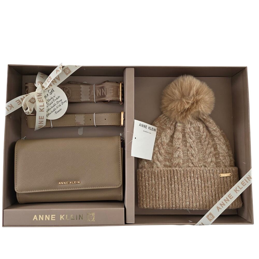 Anne Klein 4pc gift set Flap Crossbody with 2 Detachable Straps & Beanie NWT